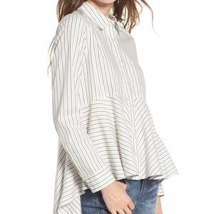 Pinstripe High-Low Peplum Button Front Shirt